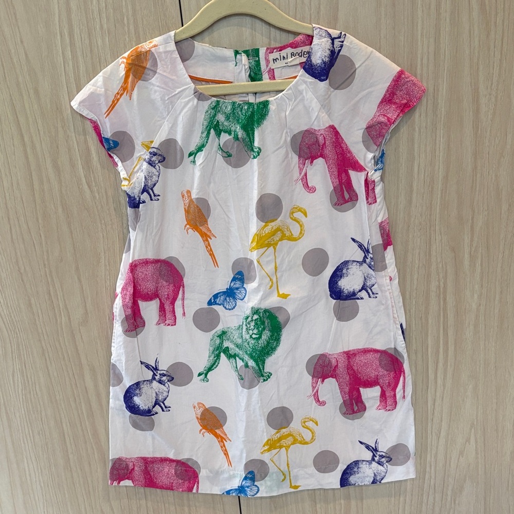 Mini Boden White Shift Dress with Colorful Animal Print